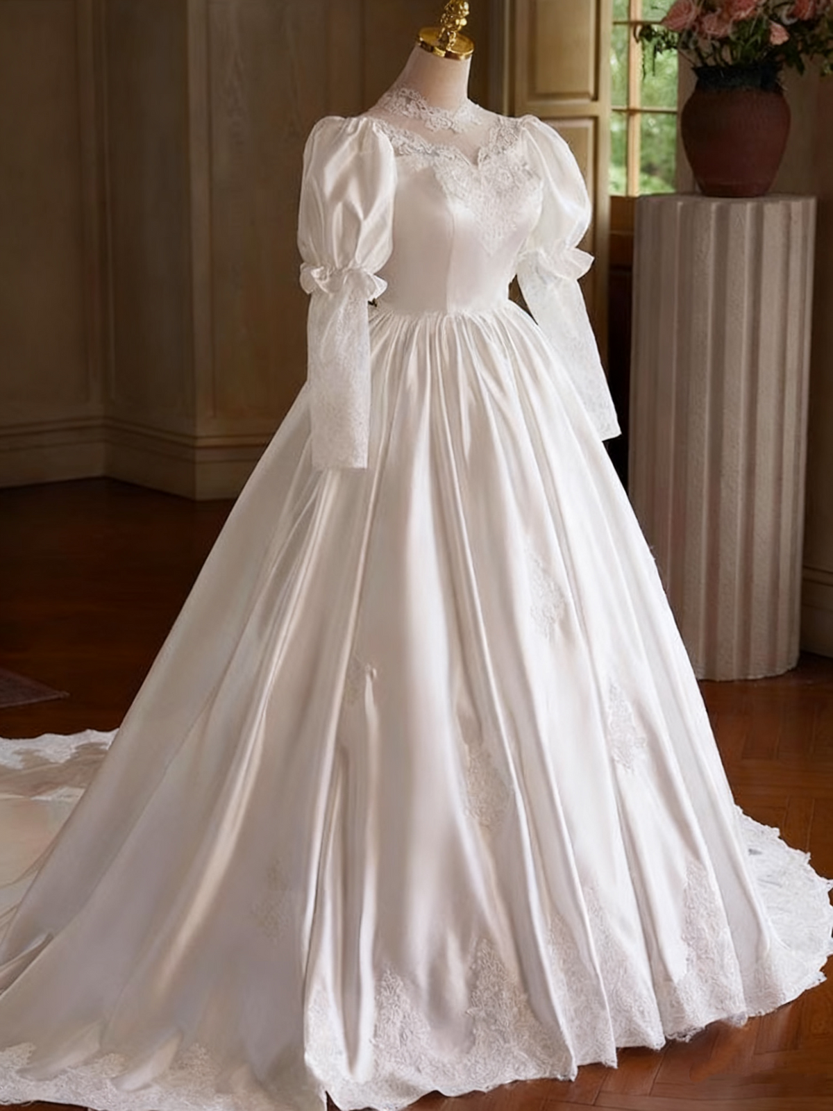 Vintage Wedding Dress Long Sleeve Lace Pleated Wedding Dress  D3750