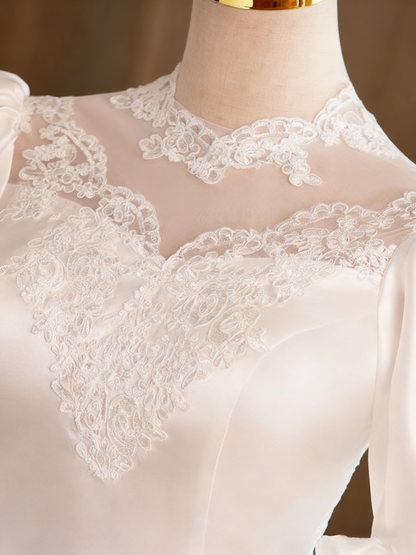 Vintage Wedding Dress Long Sleeve Lace Pleated Wedding Dress  D3750