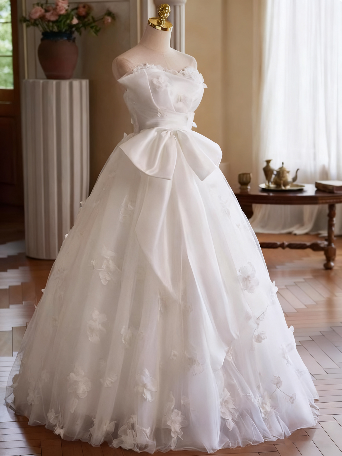 New Arrival Wedding Dress Strapless Tulle Floral Pleated Wedding Dress  D3751
