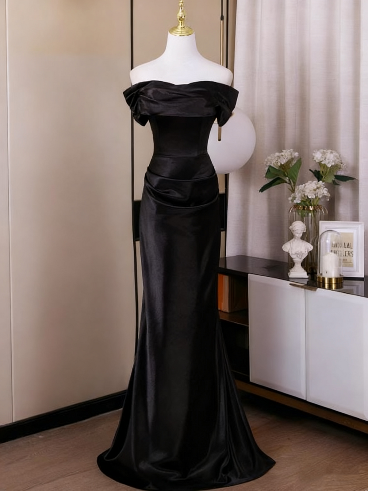 Minimalist Prom Dress Black Off Shoulder Pleated Mermaid Evening Dress Gala Dress  D3756