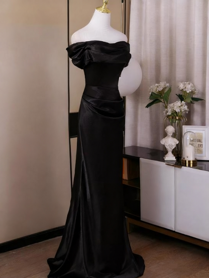 Minimalist Prom Dress Black Off Shoulder Pleated Mermaid Evening Dress Gala Dress  D3756