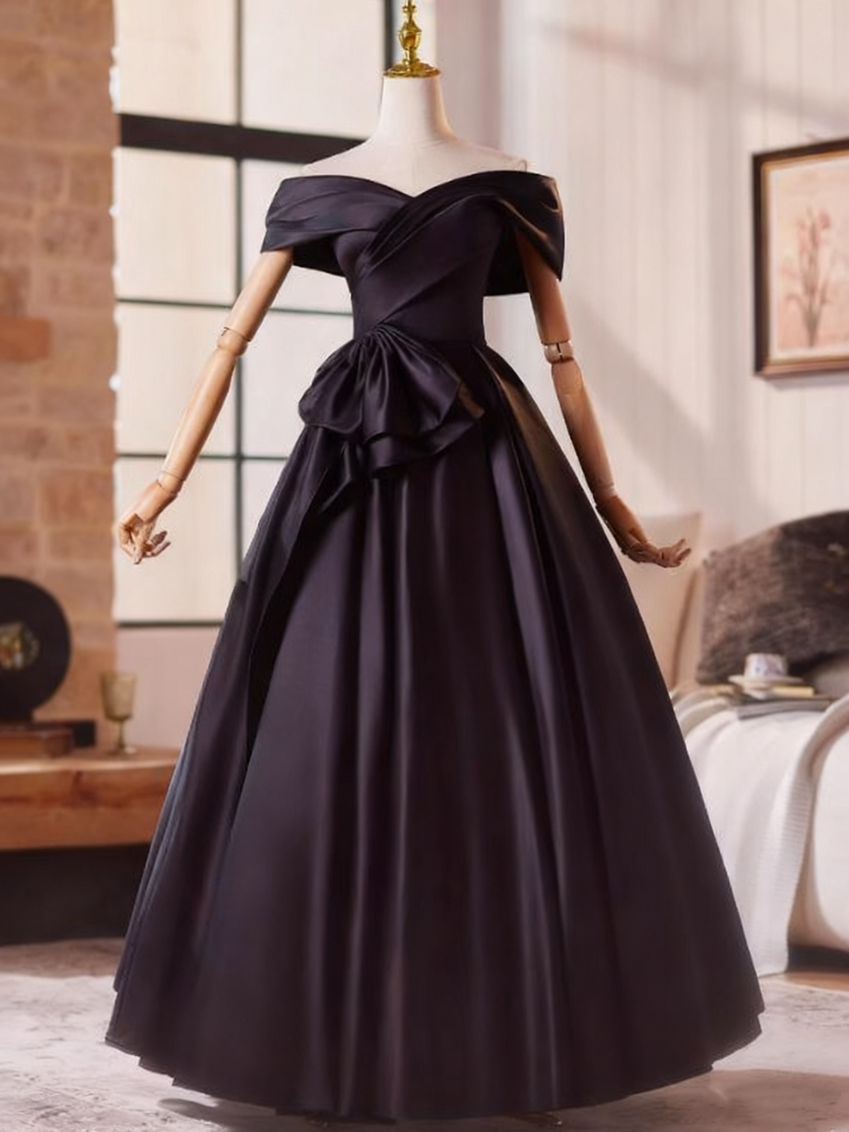 Elegant Prom Dress Black Off Shoulder Pleated Ball Gown Evening Dress   D3759