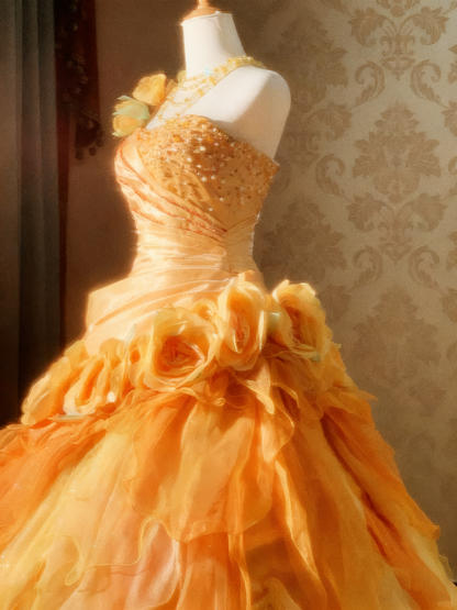 New Arrival Prom Dress One Shoulder Pleated Ruffle Ball Gown Quinceanera Dress   D3763