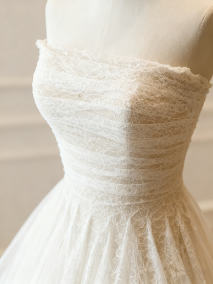 Minimalist Wedding Dress Strapless Pleated Tulle Wedding Dress  D3774