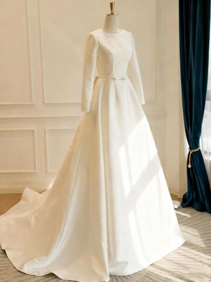 Minimalist Wedding Dress Crew Neck Long Sleeves Wedding Dress      D3830