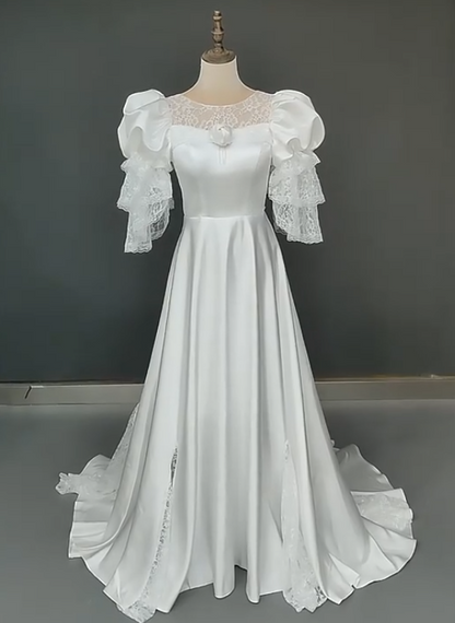 Vintage Wedding Dress Crew Neck Lace Pleated Wedding Dress  D3862