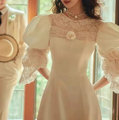 Vintage Wedding Dress Crew Neck Lace Pleated Wedding Dress  D3862