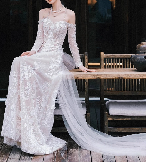 Elegant Wedding Dress Off Shoulder Long Sleeve Wedding Dress  D3866
