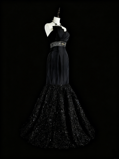 Beauty Prom Dress Black Strapless Pleated Mermaid Evening Dress Gala Dress   D3870