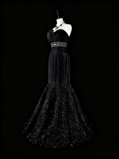 Beauty Prom Dress Black Strapless Pleated Mermaid Evening Dress Gala Dress   D3870