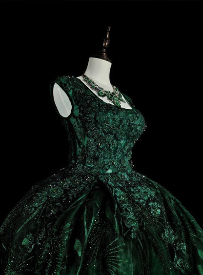 Gorgeous Prom Dress Dark Green Square Neck Pleated Tulle Ball Gown Evening Dress Quinceanera Outfits   D3877