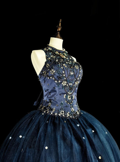 Gorgeous Prom Dress Dark Blue Backless Tulle Ball Gown Evening Dress Birthday Dress    D3882
