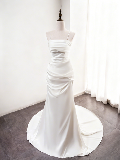 Minimalist Wedding Dress Spaghetti Straps Pleated Mermaid Wedding Dress  D3889