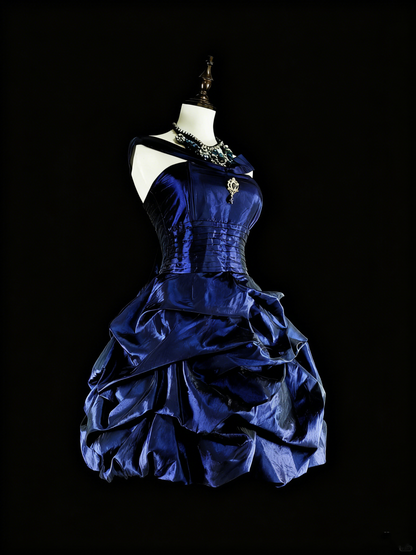 New Arrival Homecoming Dress Dark Blue Crew Neck Pleated Short Prom Dress Back to School Outfits Cocktail Dress   D3896