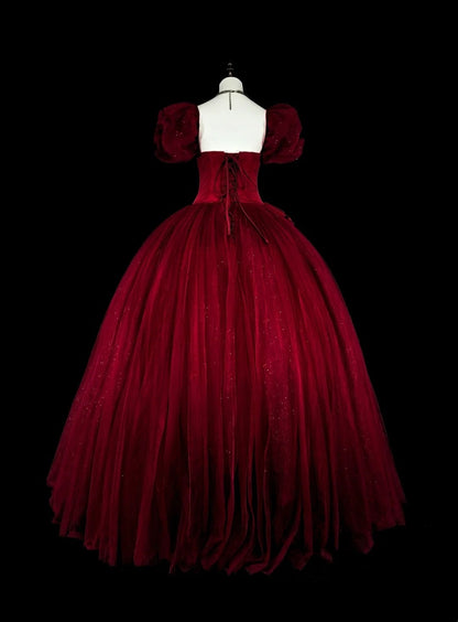 Elegant Prom Dress Wine Red Square Neck Pleated Tulle Ball Gown Evening Dress Birthday Dress  D3901