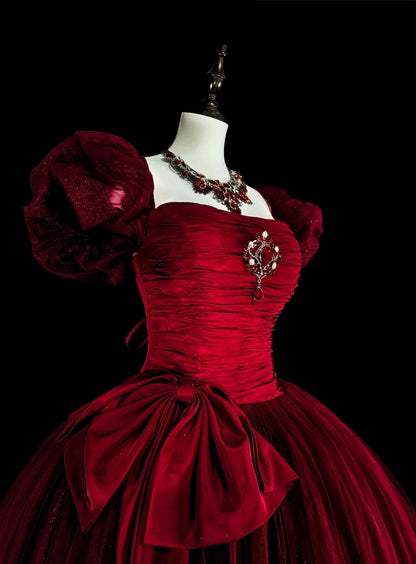 Elegant Prom Dress Wine Red Square Neck Pleated Tulle Ball Gown Evening Dress Birthday Dress  D3901