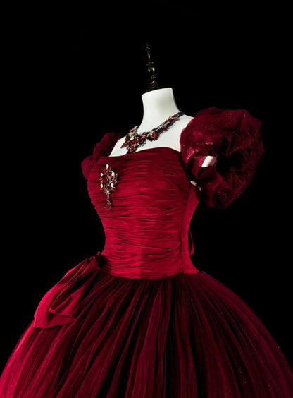 Elegant Prom Dress Wine Red Square Neck Pleated Tulle Ball Gown Evening Dress Birthday Dress  D3901