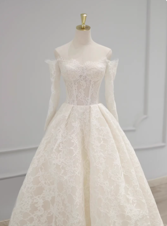 Elegant Wedding Dress Off Shoulder Lace Pleated Wedding Dress   D3907