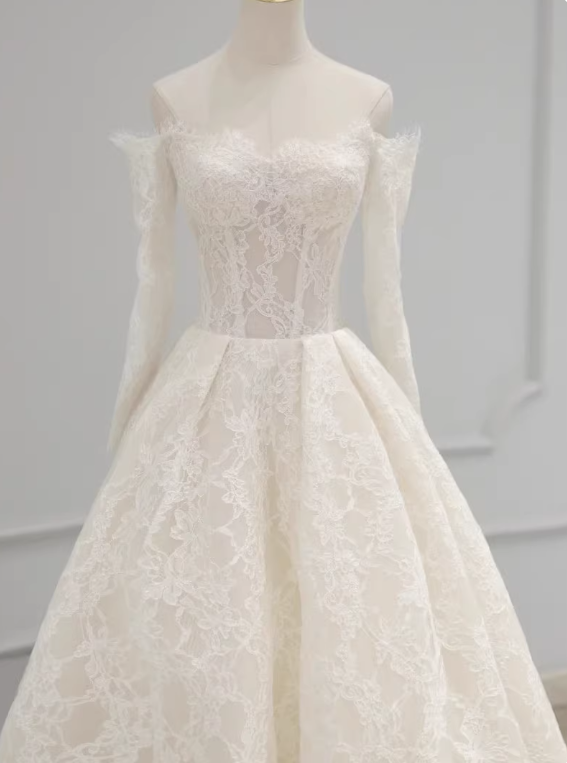 Elegant Wedding Dress Off Shoulder Lace Pleated Wedding Dress   D3907
