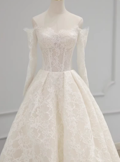 Elegant Wedding Dress Off Shoulder Lace Pleated Wedding Dress   D3907