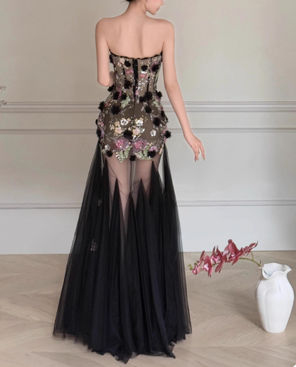 Stunning Prom Dress Strapless Floral Tulle Evening Dress Birthday Party Outfits    D3922