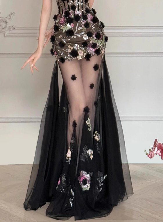 Stunning Prom Dress Strapless Floral Tulle Evening Dress Birthday Party Outfits    D3922