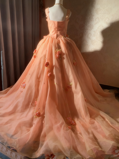 Beauty Prom Dress Square Neck Pleated Flower Ball Gown Evening Dress Sweet 16 Dress  D3927
