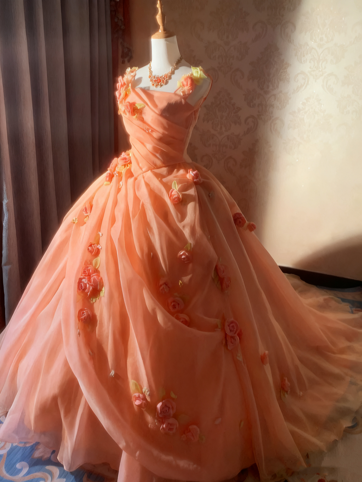Beauty Prom Dress Square Neck Pleated Flower Ball Gown Evening Dress Sweet 16 Dress  D3927