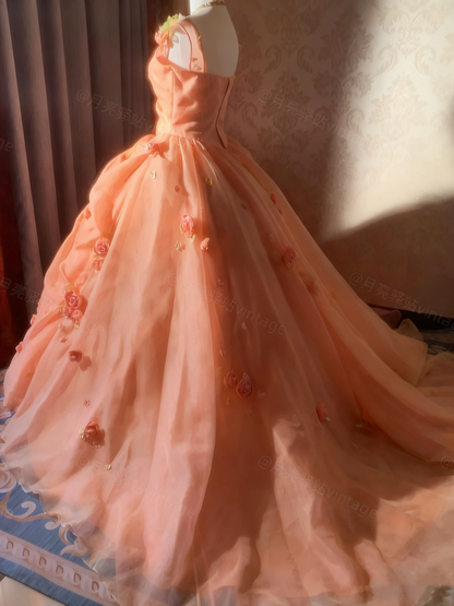 Beauty Prom Dress Square Neck Pleated Flower Ball Gown Evening Dress Sweet 16 Dress  D3927
