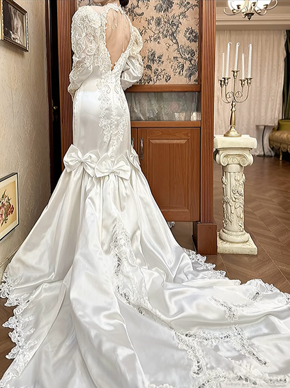 Vintage Wedding Dress High Collar Long Sleeves Pearl Mermaid Wedding Dress   D3940