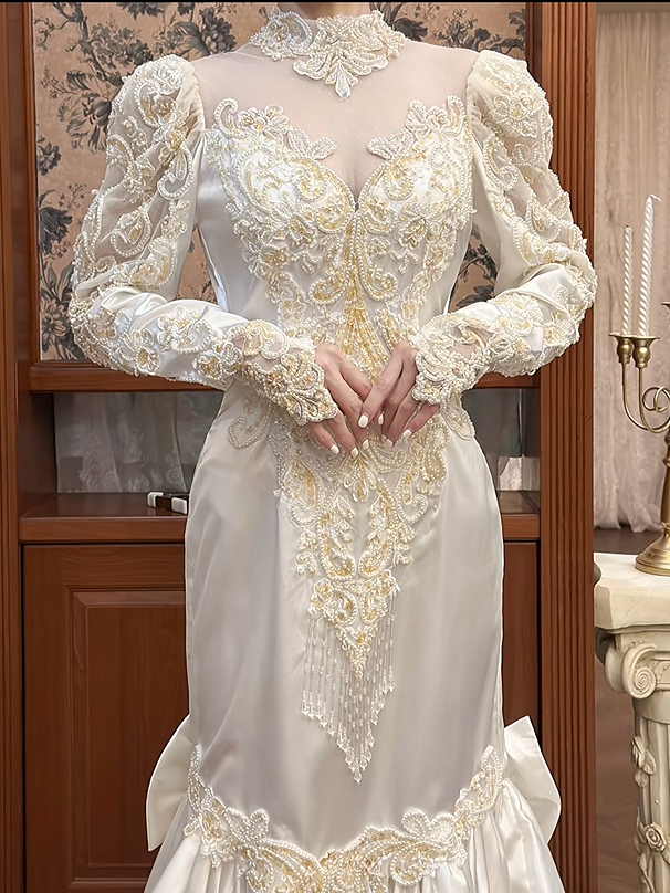 Vintage Wedding Dress High Collar Long Sleeves Pearl Mermaid Wedding Dress   D3940