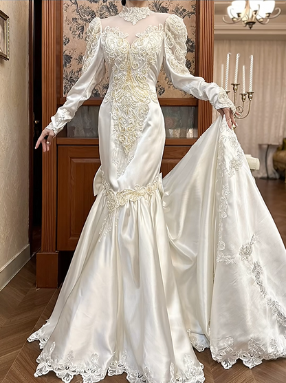 Vintage Wedding Dress High Collar Long Sleeves Pearl Mermaid Wedding Dress   D3940
