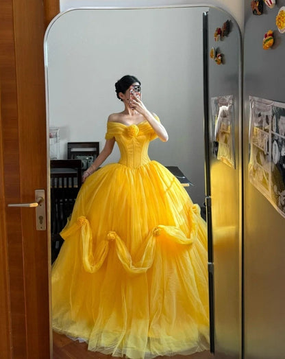 Stunning Prom Dress Off Shoulder Tulle Pleated Ball Gown Evening Dress Quinceanera Dress    D3943