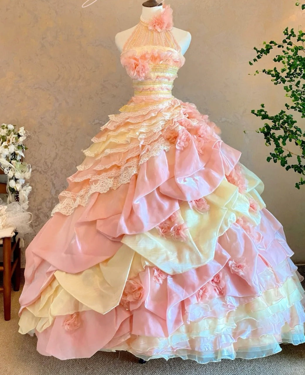 Sweet Prom Dress Halter Pleated Tiered Ball Gown Evening Dress Quinceanera Dress    D3965