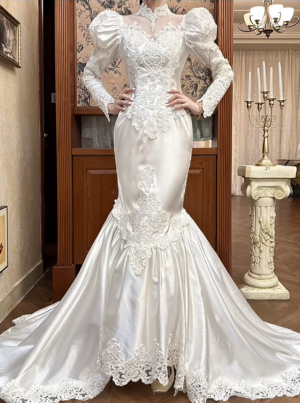 Vintage Wedding Dress High Collar Pleated Mermaid Wedding Dress  D3976