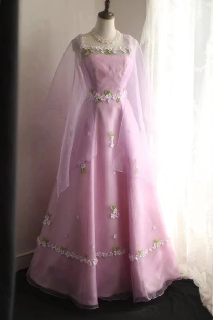 New Arrival Prom Dress Pink Spaghetti Straps Floral Evening Dress Birthday Party Dress Gala Dress  D3989