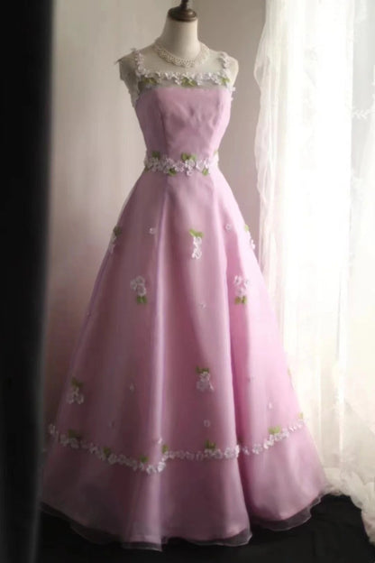 New Arrival Prom Dress Pink Spaghetti Straps Floral Evening Dress Birthday Party Dress Gala Dress  D3989