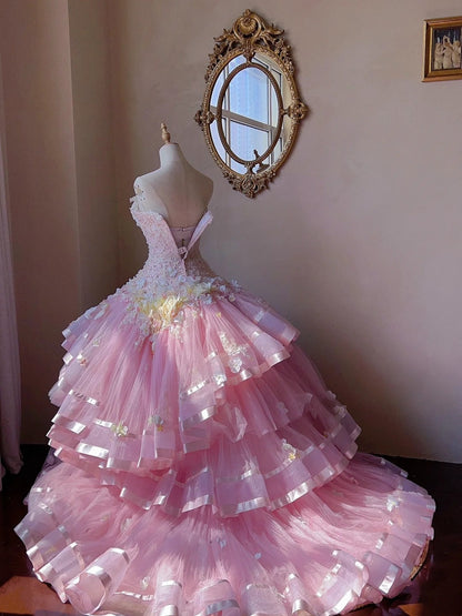 Sweet Prom Dress Strapless Pleated Tiered Evening Dress Quinceanera Dress Ball Gown    D4006