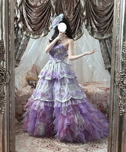 New Arrival Prom Dress Strapless Tulle Tiered Evening Dress Birthday Party Outfits Ball Gown    D4018