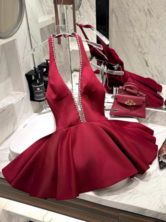 Beauty Homecoming Dress Wine Red Halter Short Prom Dress Cocktail Dress Birthday Party Outfits  D4048