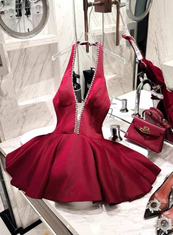 Beauty Homecoming Dress Wine Red Halter Short Prom Dress Cocktail Dress Birthday Party Outfits  D4048
