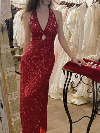 Luxury Prom Dress V-neck Backless Gala Dress Evening Dress Birthday Party Outfits   D4069