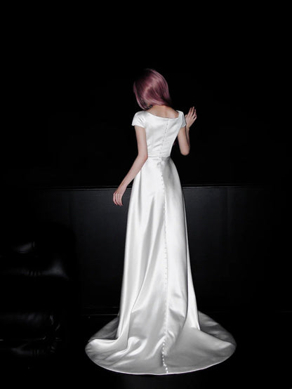 Minimalist Wedding Dress A Line Boat Neck Wedding Dress    D4070