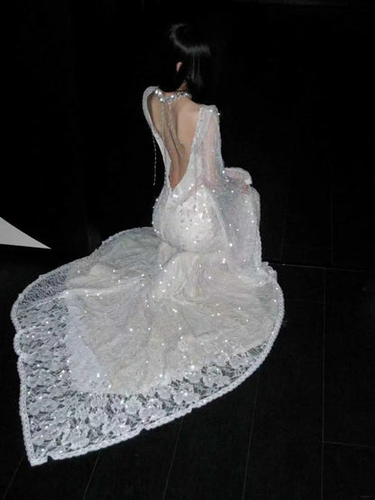 New Arrival Wedding Dress Crew Neck Backless Mermaid Wedding Dress   D4080