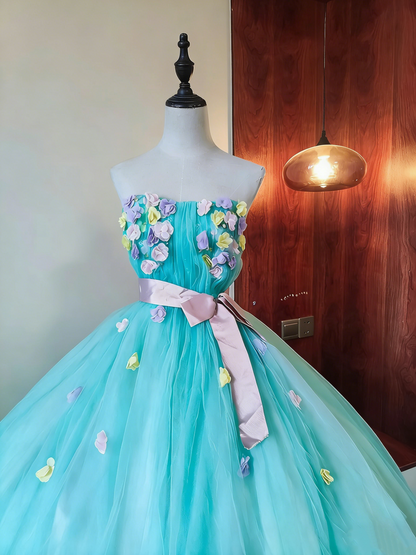 Beauty Prom Dress Strapless Flower Pleated Tulle Ball Gown Birthday Party Outfits Evening Dress Sweet 16 Dress      D4092