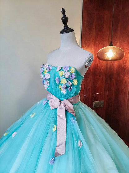 Beauty Prom Dress Strapless Flower Pleated Tulle Ball Gown Birthday Party Outfits Evening Dress Sweet 16 Dress      D4092