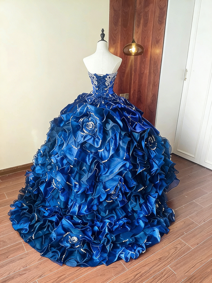 Gorgeous Prom Dress Blue Sweetheart Pleated Ball Gown Birthday Party Outfits Evening Dress Sweet 16 Dress      D4095