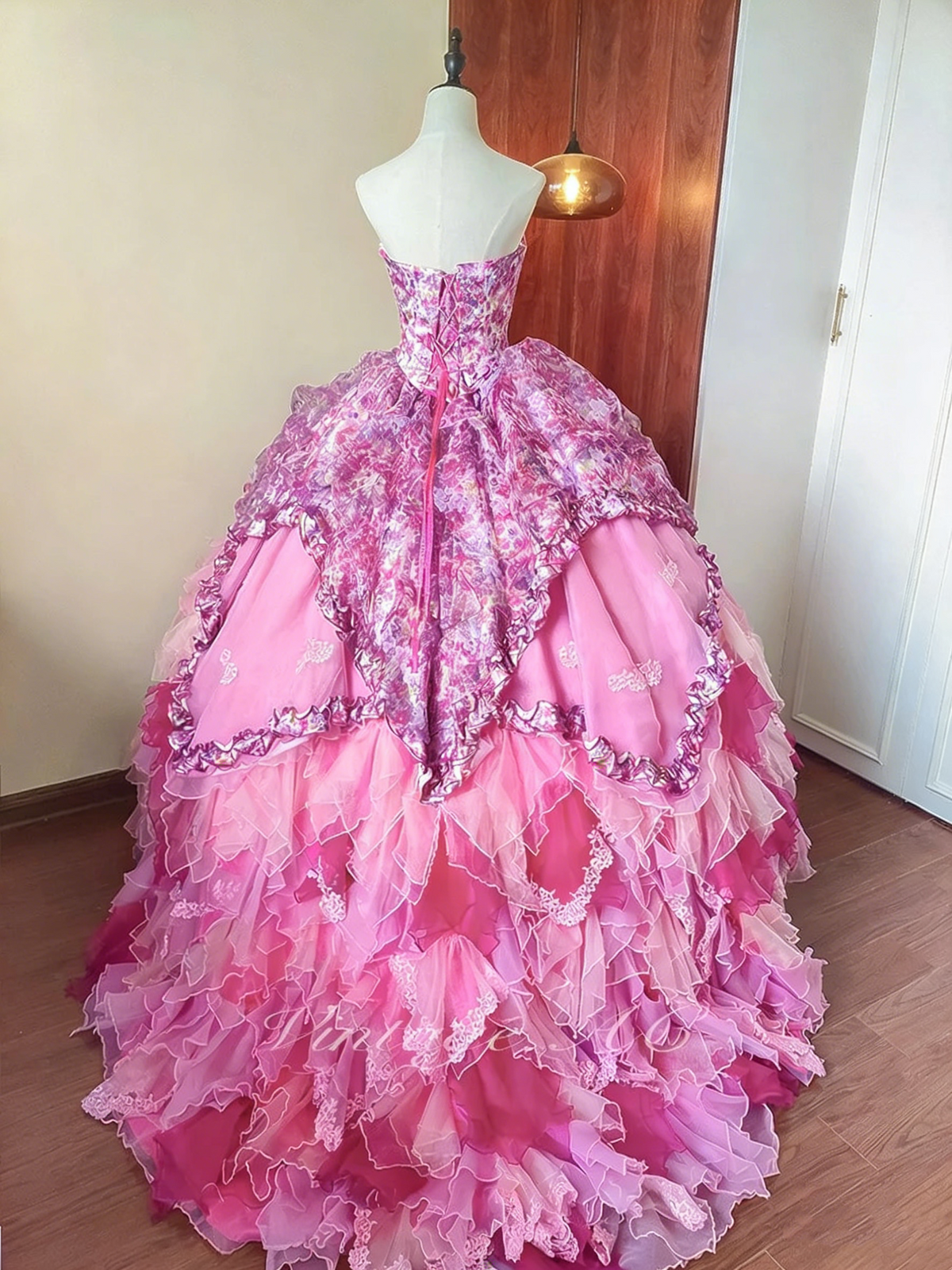 Stunning Prom Dress Strapless Print Pleated Tiered Ball Gown Evening Dress Quinceanera Dress Birthday Party Dress    D4100