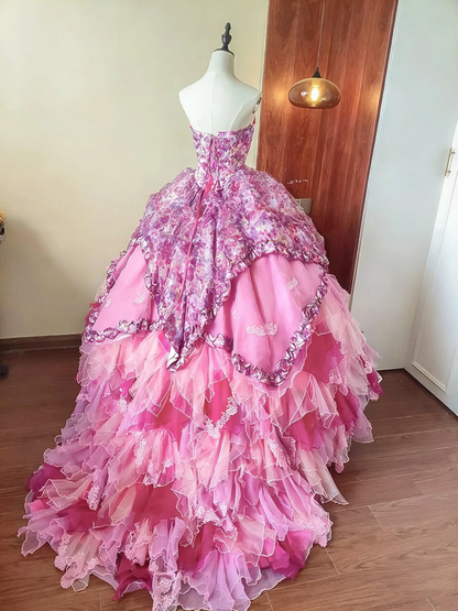 Stunning Prom Dress Strapless Print Pleated Tiered Ball Gown Evening Dress Quinceanera Dress Birthday Party Dress    D4100