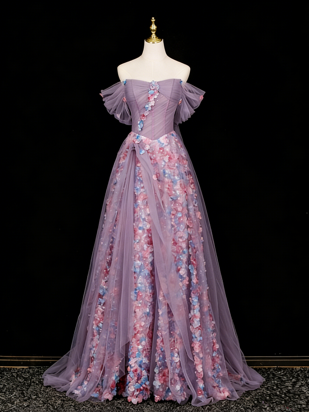 Stunning Prom Dress Off Shoulder Pleated Tulle Floral Gala Dress Evening Dress   D4108